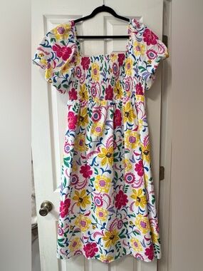Sugar Lips White Floral Smocked Sundress with Pink & Yellow Flowers